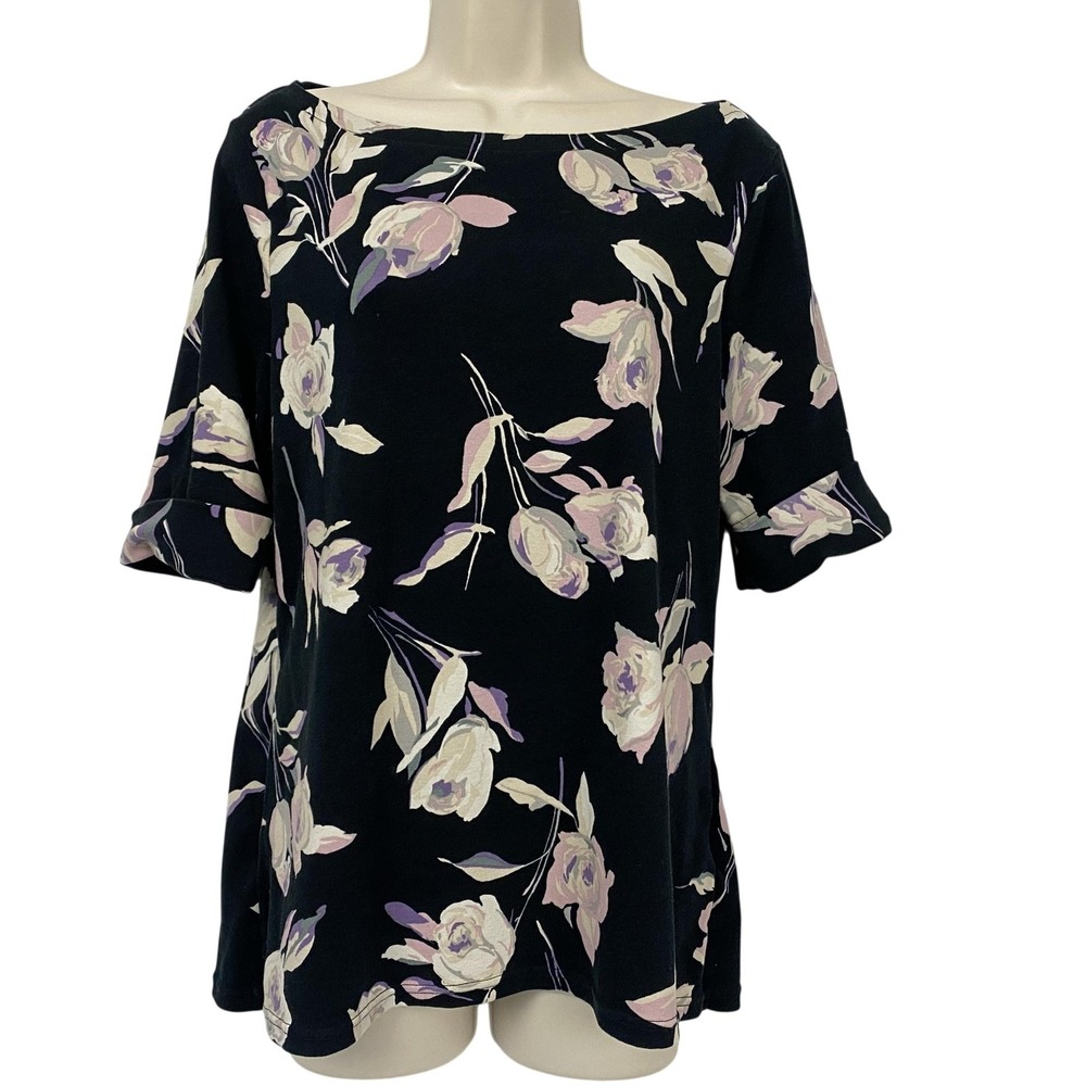 Ralph Lauren Tunic Top Womens XL Black Dark Floral Boat Neck Half Sleeve Bold